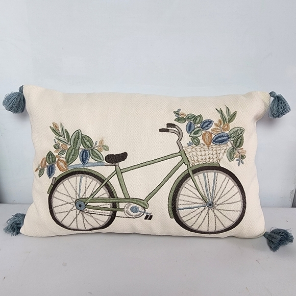 New Kirklands Spring bike blue lumbar 13" x 20" decorative Pillow with Tassels - Picture 1 of 11